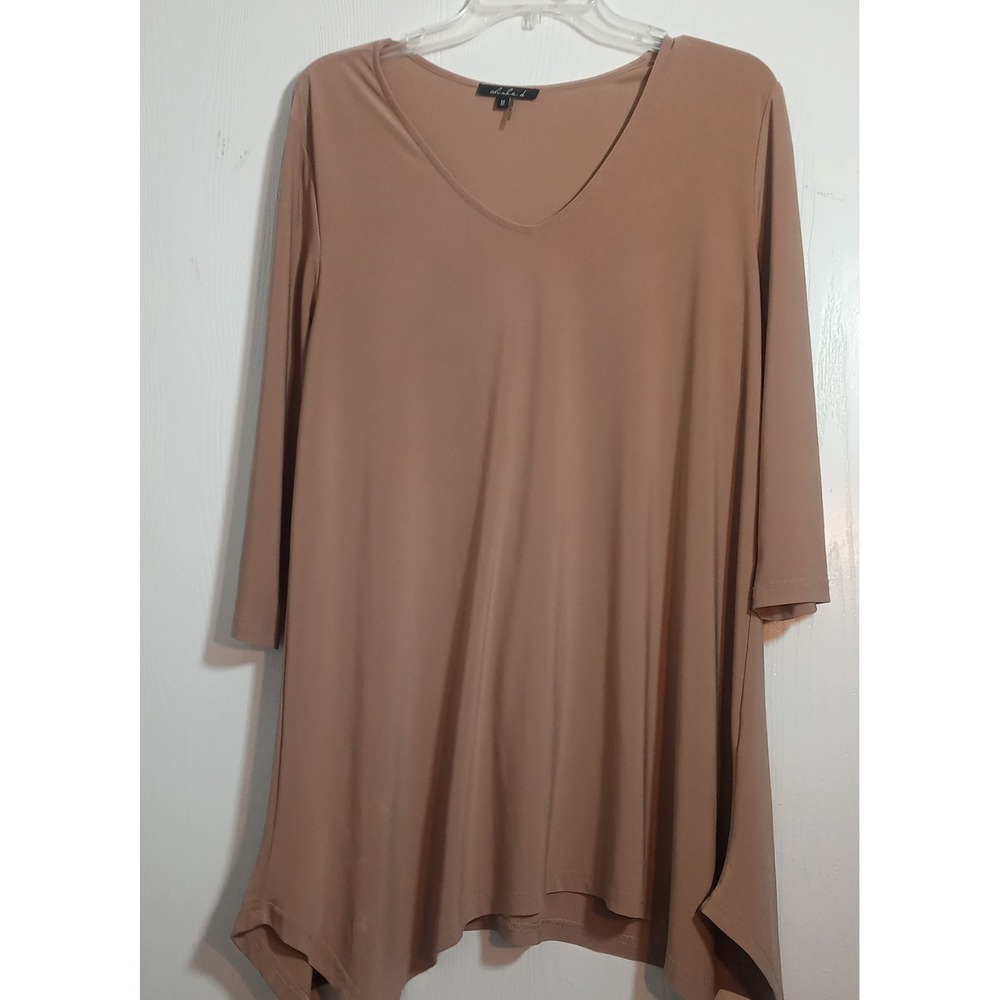 Alisha D Sz Medium Women's Brown V Neck Tunic Top Slinky asymmetric Lagenlook